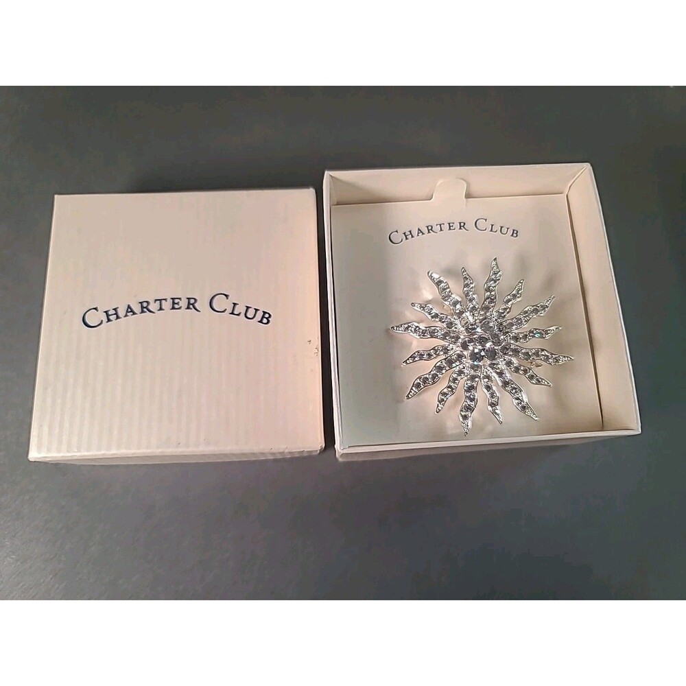 NEW NIB Vintage Charter Club Brooch Silvertone Crystal Starburst Pin